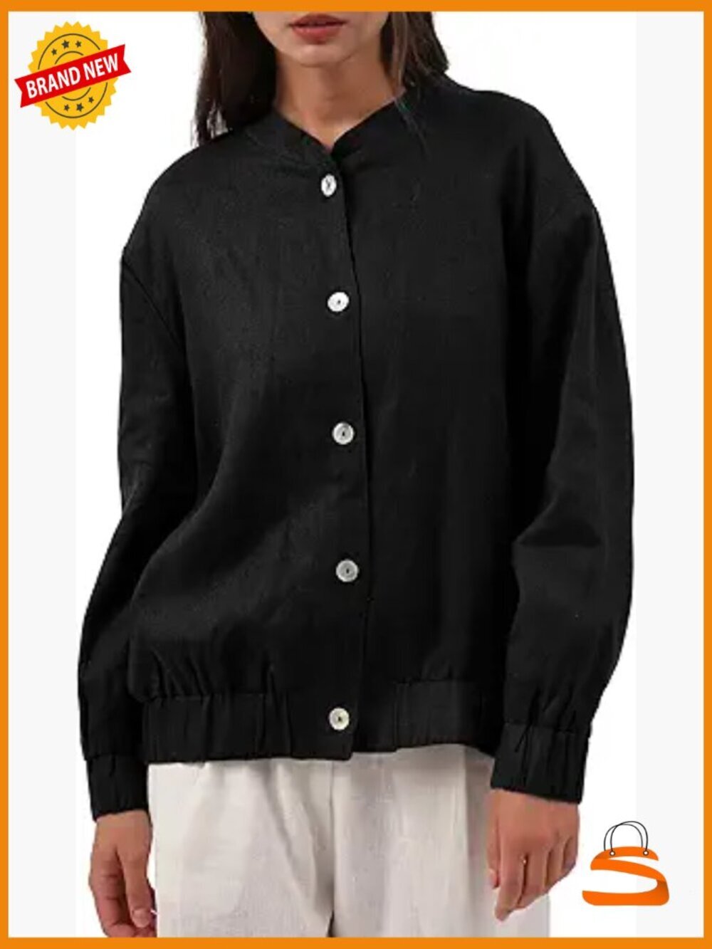 Linen Button Down Bomber Jacket Long Sleeve Casual Coat Fall